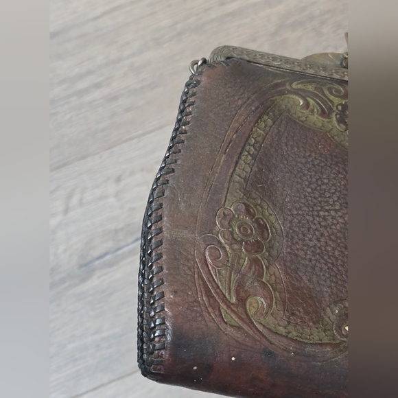 Antique Early 1900's Hand Tooled Leather Hand Bag Art Nouveau Deep Brown - Picture 8 of 13